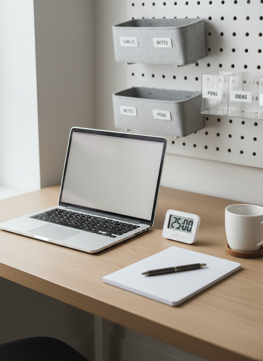 A minimalist home workspace designed for productivity hacks, featuring a slim silver laptop slightly open on a light oak desk, a closed dotted-grid notebook with a metal pen resting on top, a small digital kitchen timer, and a white ceramic mug on a cork coaster. A simple pegboard in the background holds neatly arranged storage baskets and labeled containers. Soft overcast daylight enters from the left, creating even, shadow-free illumination with subtle highlights on metal edges. Captured from a slightly elevated three-quarter angle, with sharp focus on the desktop items and gentle blur on the background wall. The atmosphere is focused, orderly, and efficient, rendered in clean photographic realism with muted, professional colors, perfect for illustrating time-saving and organization tips.