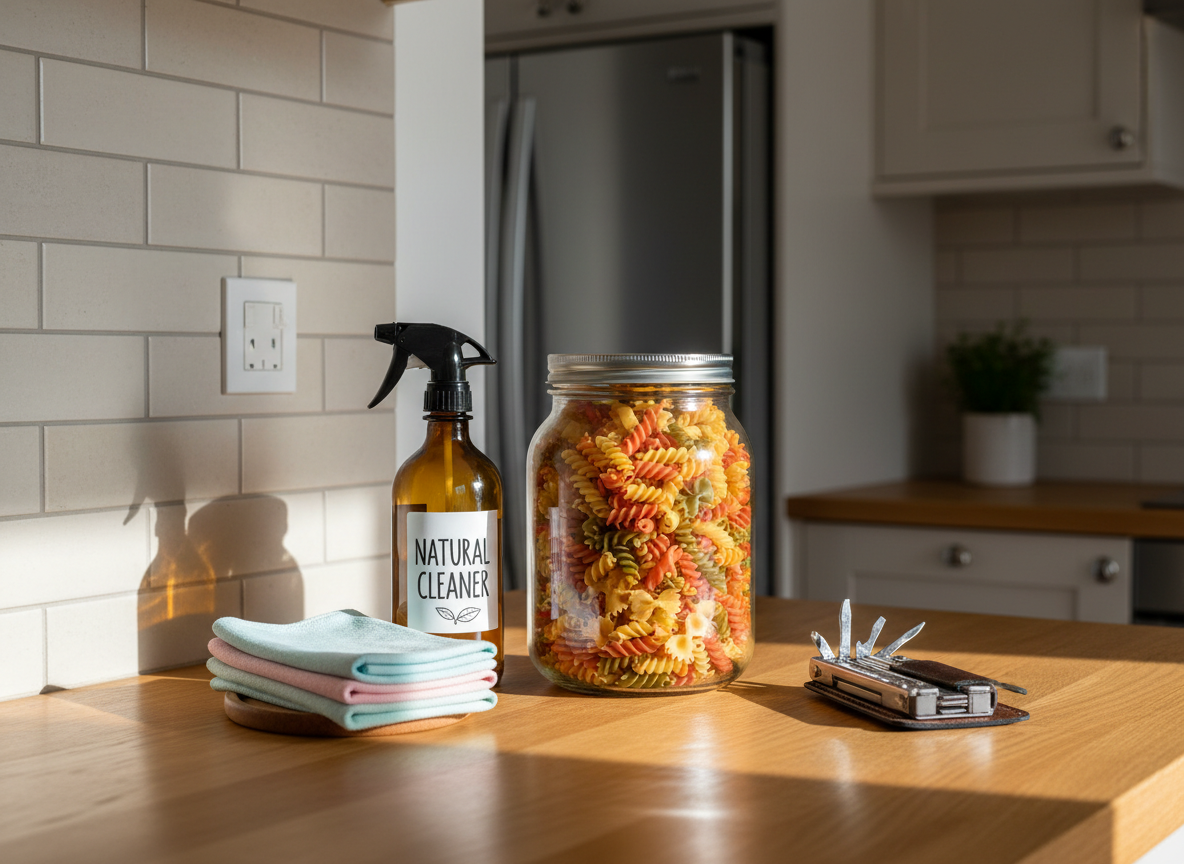 A neatly organized wooden kitchen countertop showcasing everyday life hacks, featuring a transparent glass storage jar filled with colorful dried pasta, a labeled spray bottle of natural cleaner, a folded stack of pastel microfiber cloths, and a sleek stainless-steel multi-tool. The countertop sits beneath a bright, tiled backsplash in soft neutral tones. Diffused morning sunlight pours in from an unseen window, casting gentle, realistic shadows and subtle reflections on the polished wood. Photographed at an eye-level angle with moderate depth of field, the background kitchen cabinets and appliances are softly blurred. The mood is calm, practical, and reassuring, with a photographic realism and clean, modern aesthetic that feels professional yet accessible, ideal for illustrating general everyday lifestyle tips.